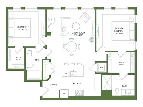 A floor plan of a house with two bedrooms, a foyer, a kitchen, a great room, and a bathroom.